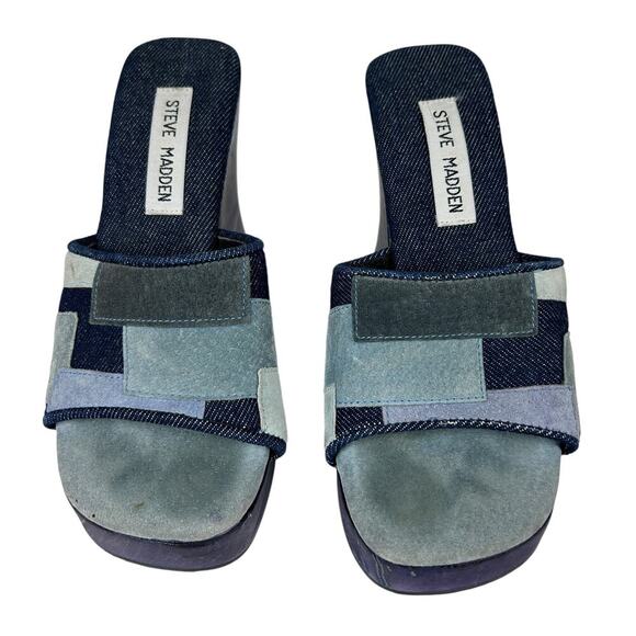 Steve Madden Y2K Wooden Carved Blue Suede Patchwork Heels 6 - Picture 2 of 5